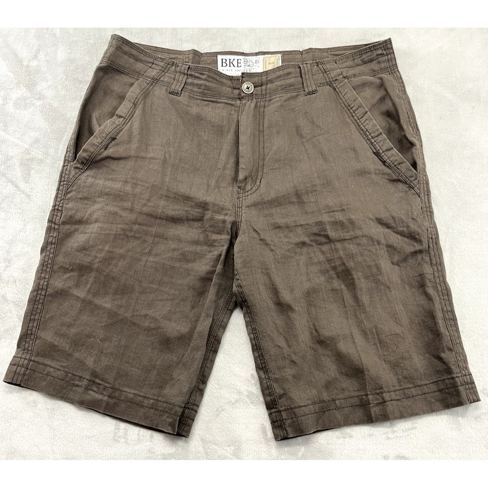 BKE Buckle Seminole Short Men 38 Chocolate Slim Fit 100%Linen Flap Pocket Casual